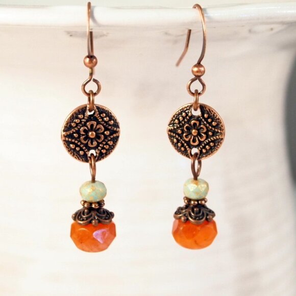 Copper Czech Glass Drop Earrings Boho Chic Dangle Pierced or Clip-on Earrings - Picture 3 of 8
